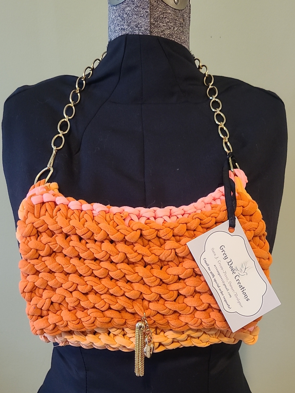 Handmade Orange Knit Chain Strap Women’s Bag By Grey Dove Creations